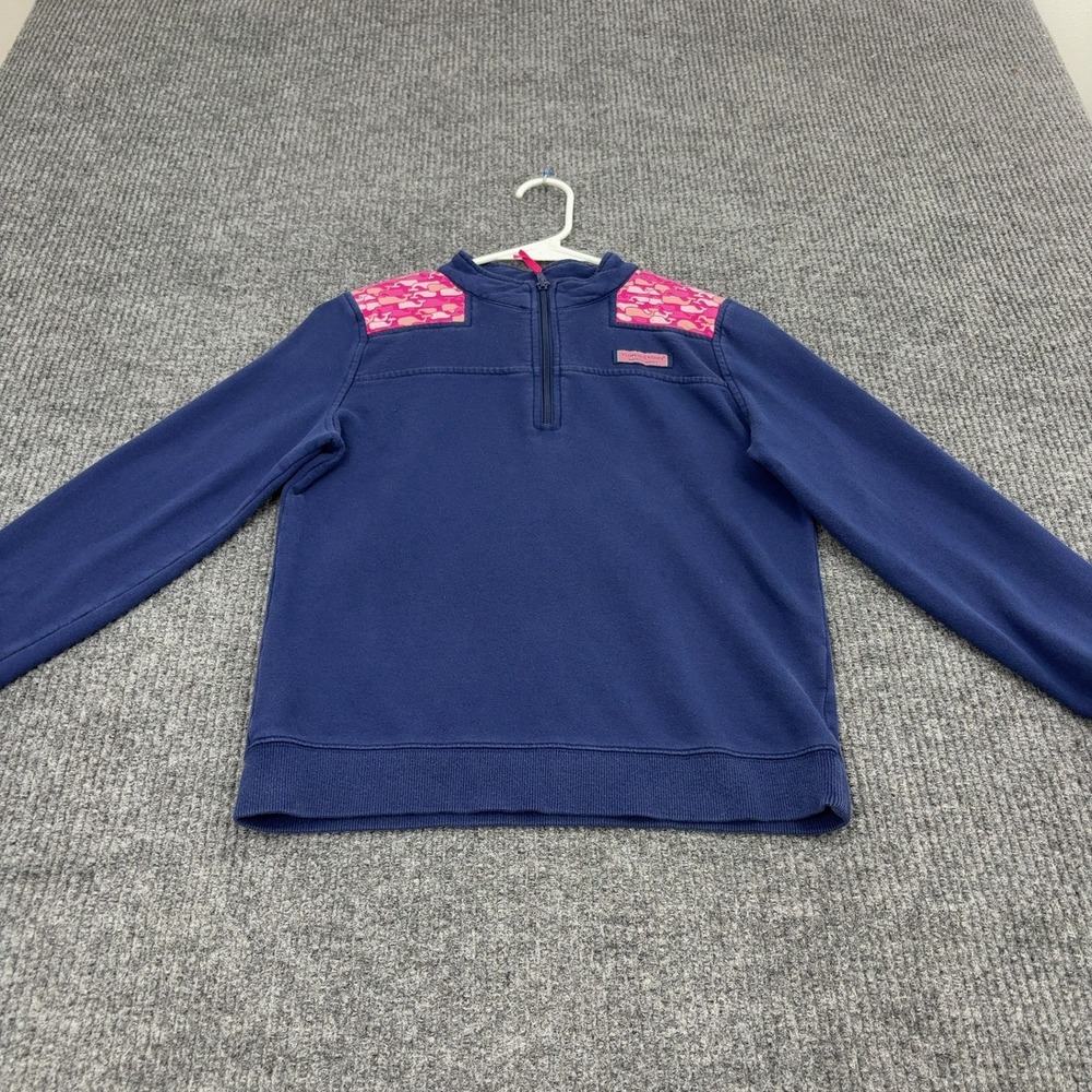 Vineyard Vines Shep Shirt Girls L Blue Cotton Whale Print Quarter Zip Preppy